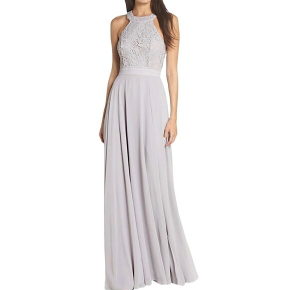 NWT LULUS Love Poem Gray Halter Gown Crocheted Lace Bodice - Picture 4 of 11